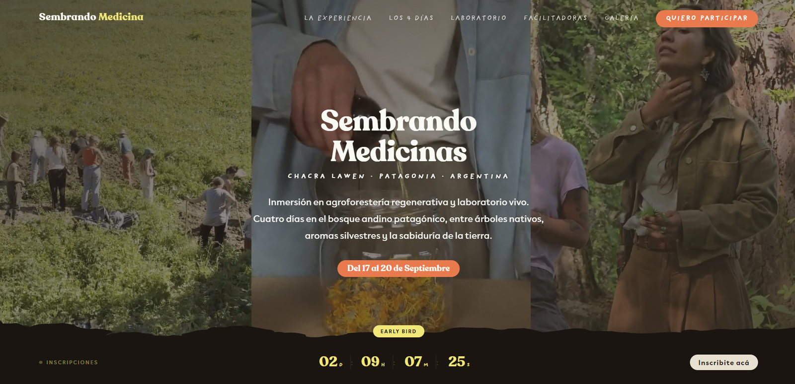 Hero con video de fondo del bosque, navegación y countdown de Early Bird
