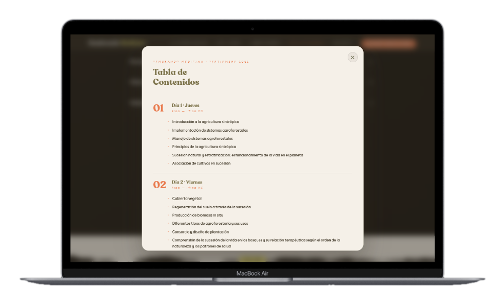 Modal con la tabla de contenidos completa del programa, día por día