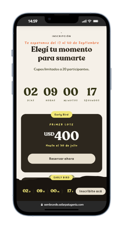 Mockup móvil — precios, countdown y CTA de reserva
