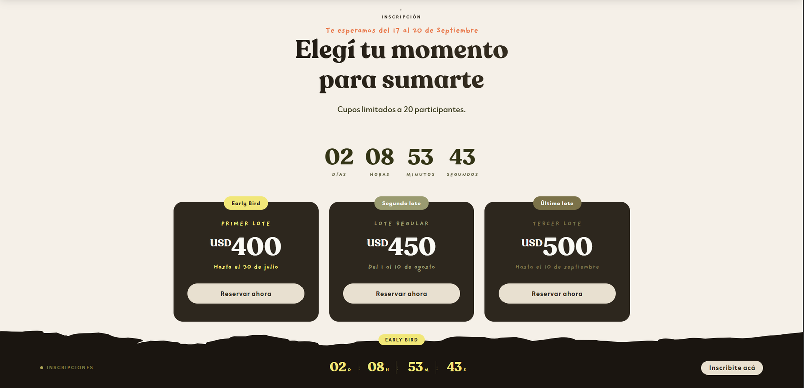 Tabla de precios en tres lotes con countdown, versión desktop