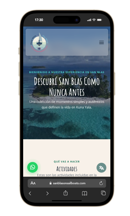 Detalle — selector de idioma (EN / ES / FR) en la esquina de la pantalla