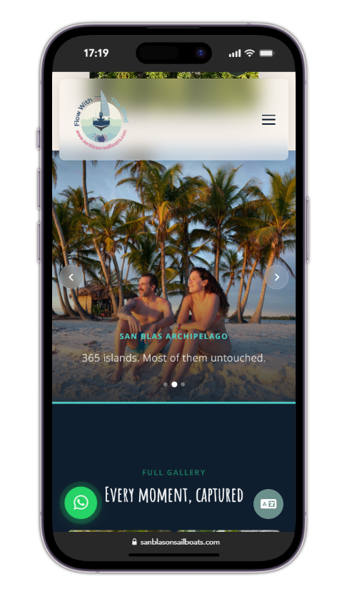 Mockup móvil — galería de imágenes del archipiélago y vida a bordo