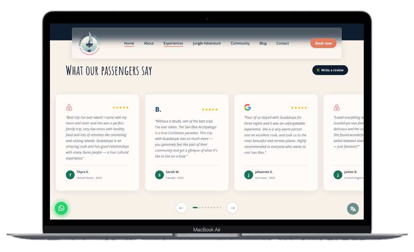 Sección de reseñas con slider, tres plataformas integradas (Airbnb, Google, Booking)